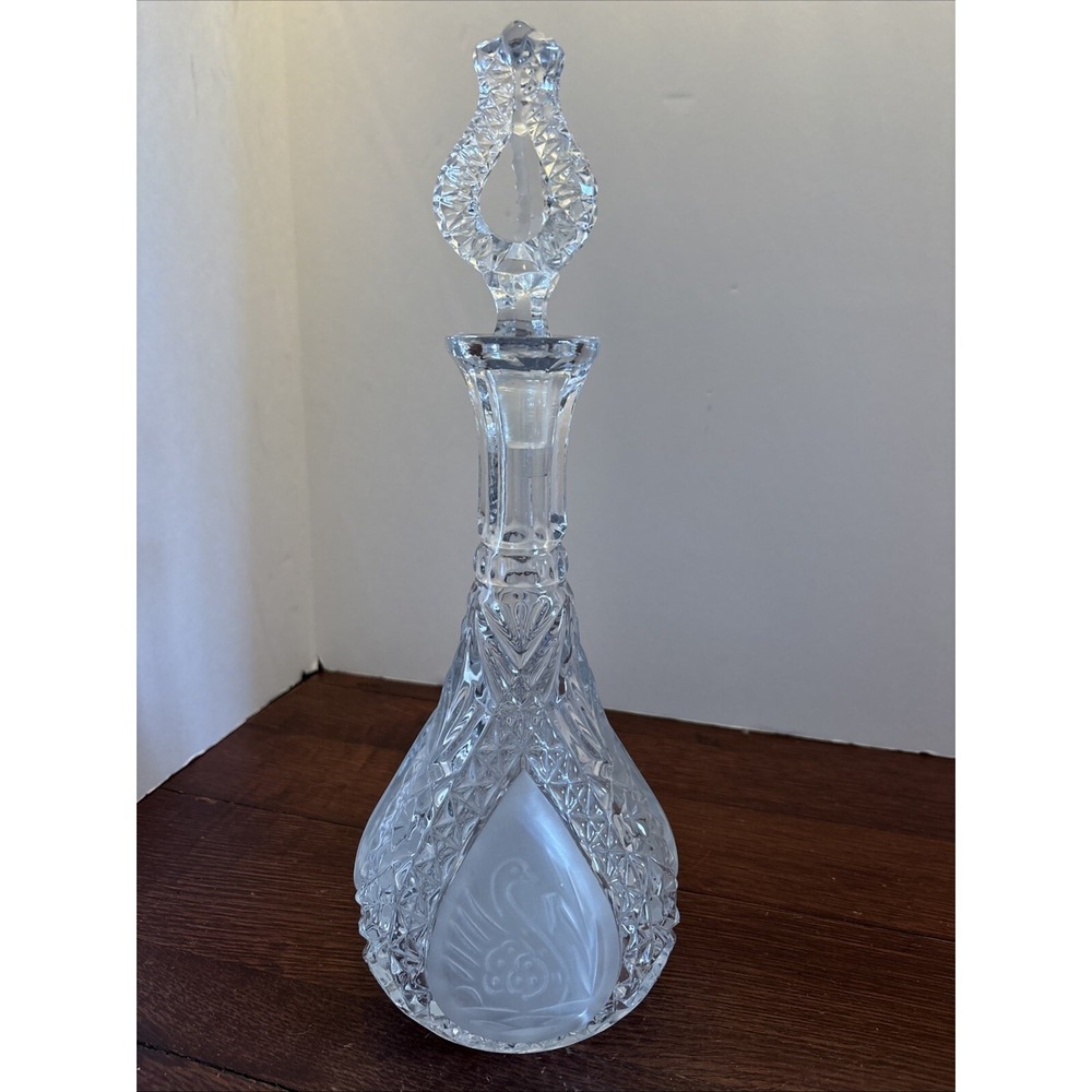 Vintage German Cut Lead Crystal‎ Decanter Ornate Swan Frosted Accents 14"